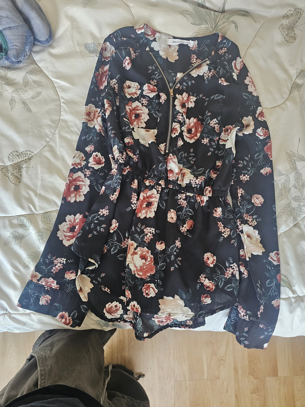 Floral Long-Sleeve Peplum Blouse - Black with Pink Rose Print